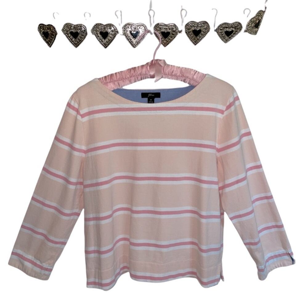 J.Crew Boatneck Track Stripe Pullover 100% Cotton Top  Medium Peach/Pink